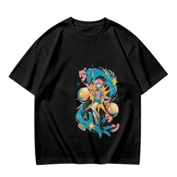 Olive anime graphic t-shirt with vibrant fantasy character art