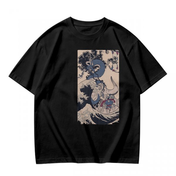 Olive T-Shirt with Japanese Ukiyo-e Dragon and Wave Print