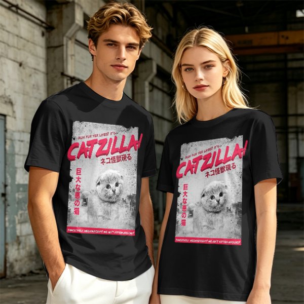 Olive green t-shirt with Catzilla giant cat monster graphic print