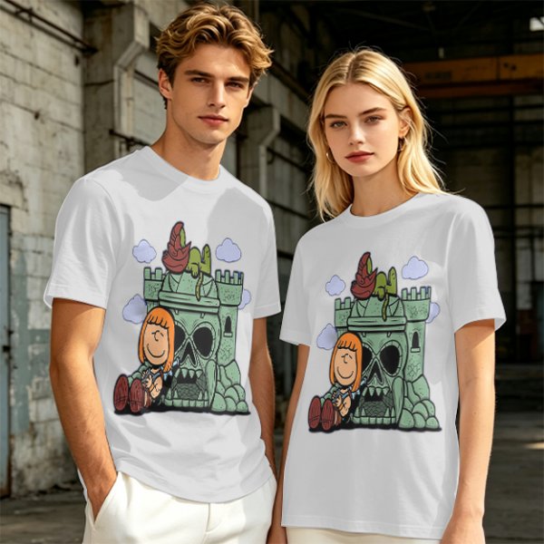 Olive T-shirt with Peanuts-style He-Man Castle Grayskull Graphic