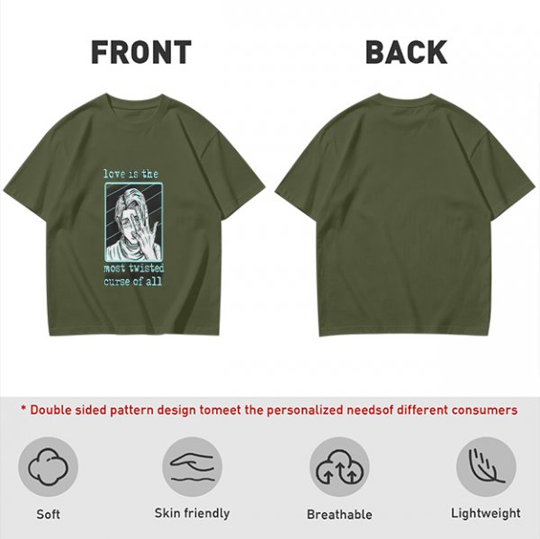 Olive Graphic T-Shirt With Twisted Love Curse Quote And Anime Art
