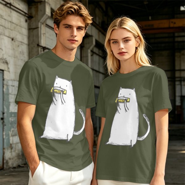 Olive T-Shirt With White Cat Playing Harmonica Graphic