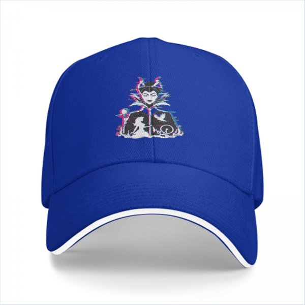 Black baseball cap with glitch-style Maleficent graphic print