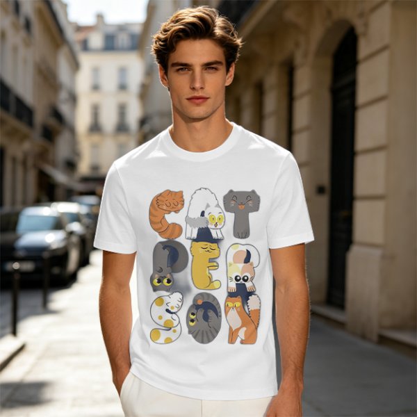 Olive T-Shirt With Cute Cat Letter Graphic Design