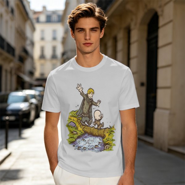 Olive T-shirt with fantasy characters balancing on a log over a stream