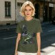 Olive T-shirt with cartoon lizard bench pressing weights in gym mirror