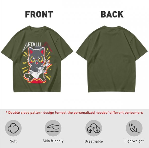 Olive green graphic t-shirt with a cartoon metal cat playing guitar
