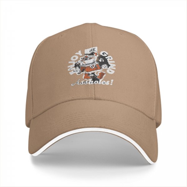 Black baseball cap with 'Enjoy The Grind Assholes!' cartoon print
