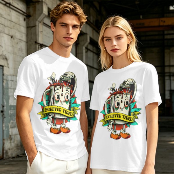 Forever Tired Coffee Mug Cartoon Character T-Shirt Design