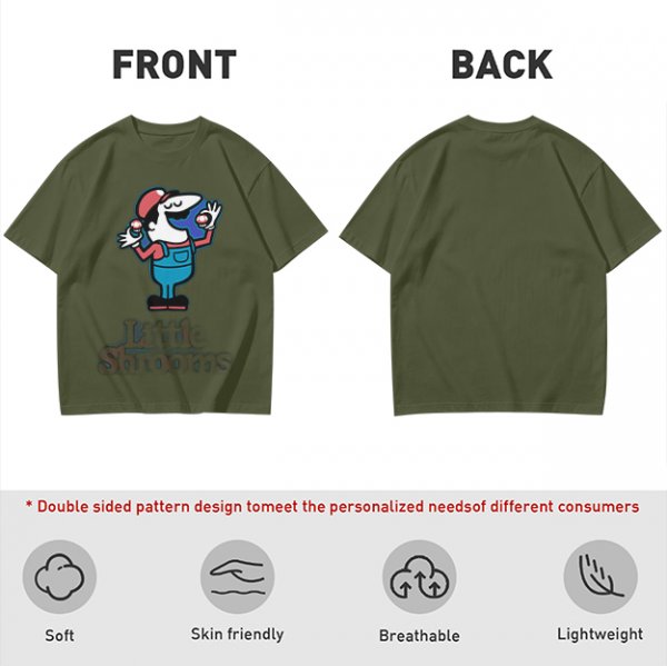 Olive T-shirt with Cartoon Character Holding Mushrooms Print