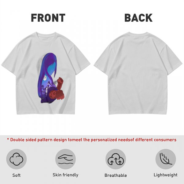 Olive T-Shirt With Purple Haired Figure Night Scene Print