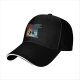 Black baseball cap with fantasy dragon and wolf open book graphic
