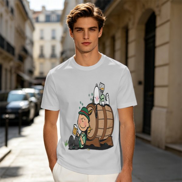 Olive T-Shirt with Charlie Brown and Snoopy at Oktoberfest Beer Barrel