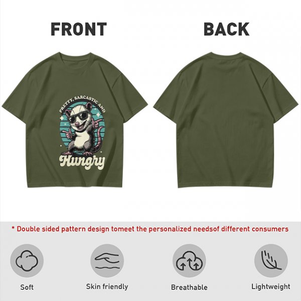 Olive graphic tee with sarcastic hungry opossum in sunglasses
