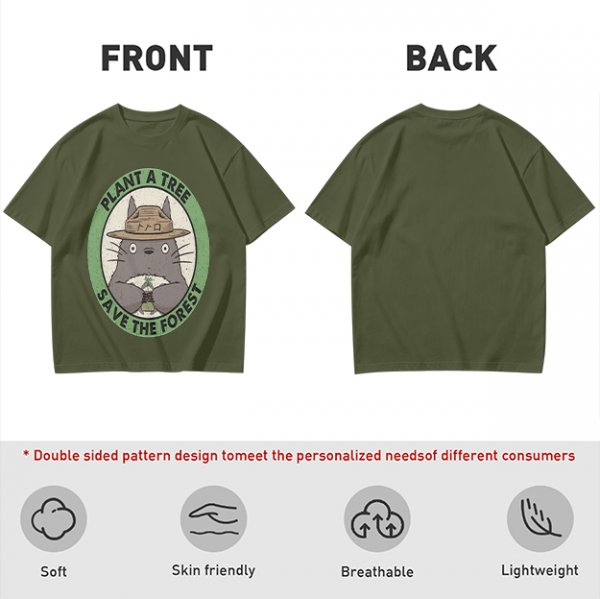 Olive green Totoro graphic t-shirt with plant a tree save the forest slogan
