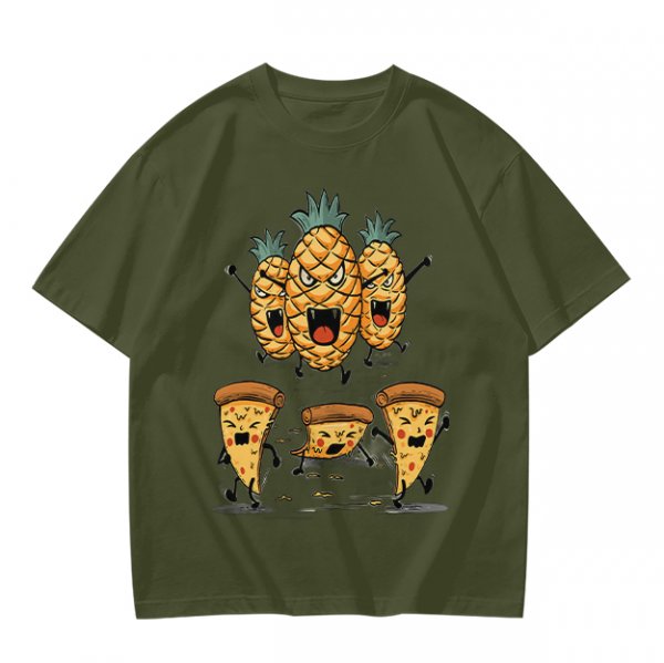 Olive T-Shirt With Angry Pineapple And Pizza Slice Cartoon Print