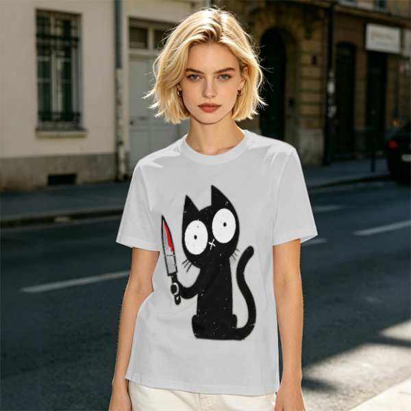 Olive T-shirt with a black cartoon cat holding a bloodied knife