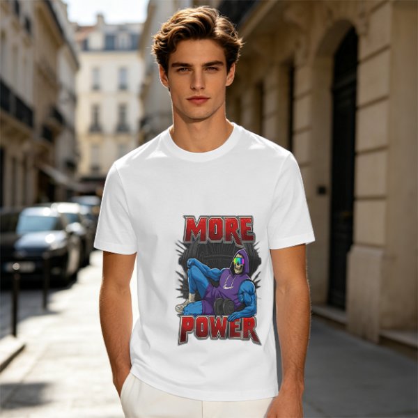 Olive Graphic T-Shirt with 'MORE POWER' and Muscular Skeleton Character