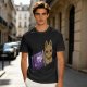 Olive T-shirt with a cartoon cat emerging from a purple chocolate wrapper print