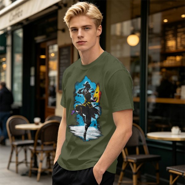 Olive T-Shirt With Fantasy Martial Artist Silhouette Graphic