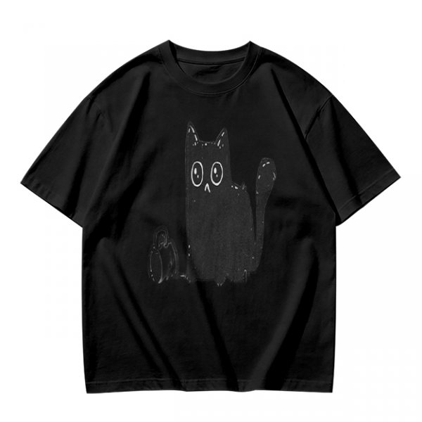 Olive Green T-Shirt With Cute Surprised Black Cat And Bell Print