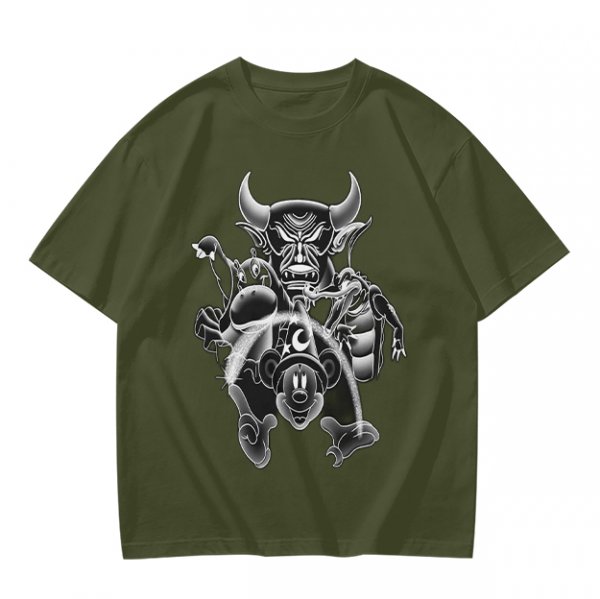 Olive T-Shirt with Sorcerer Mickey and Fantasia Villains Graphic