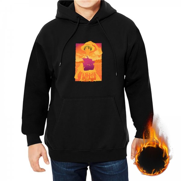Black hoodie with vibrant sunset pirate ship and crew graphic