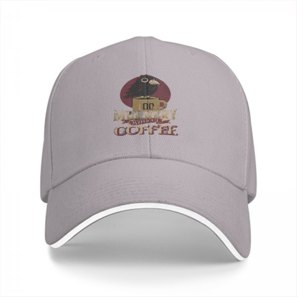 Black baseball cap with 'Too Murdery Without Coffee' crow graphic