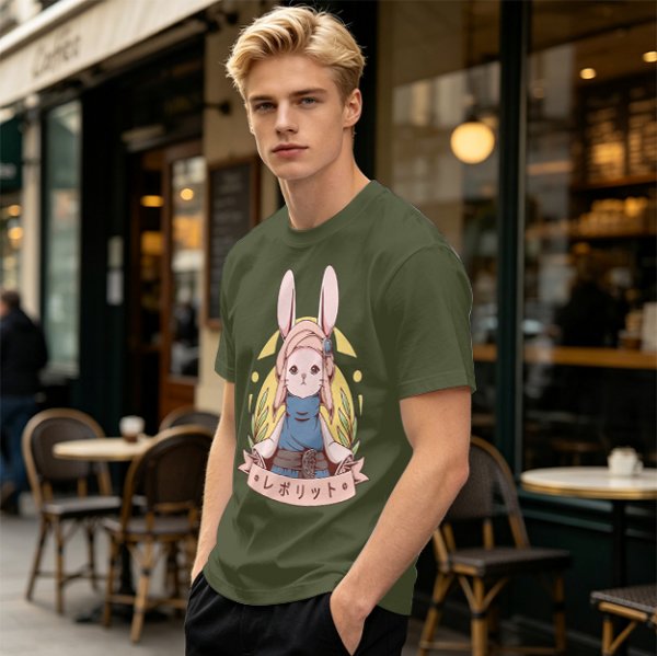 Olive T-shirt with Cute Rabbit Character and Japanese Text Print