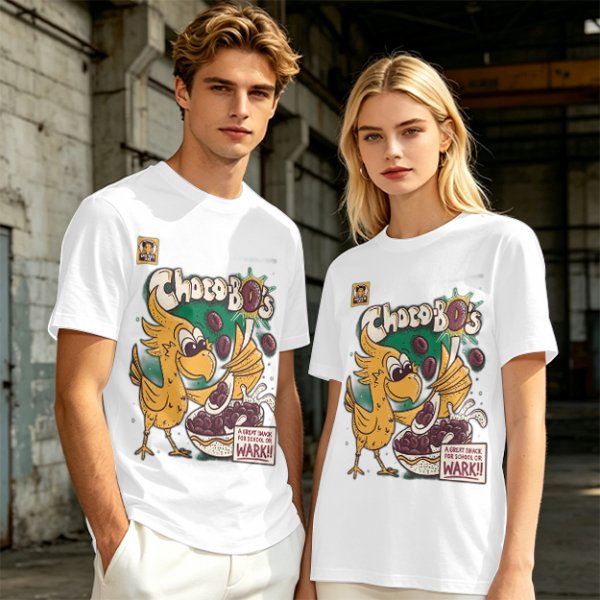 Olive t-shirt with Choco-Bo's cereal graphic featuring a yellow bird