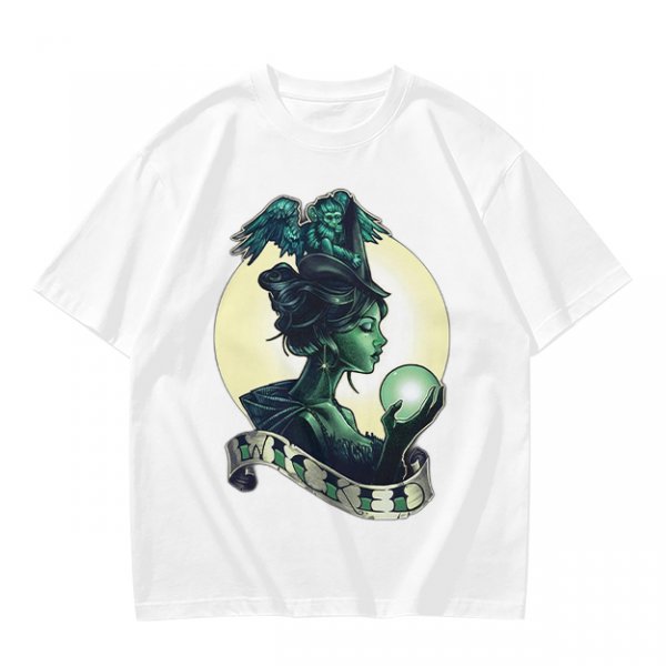 Olive Witch Graphic T-Shirt With Winged Monkey And Crystal Ball