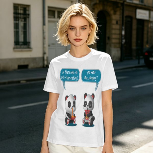 Olive t-shirt with pandas discussing life beyond eating and sleeping