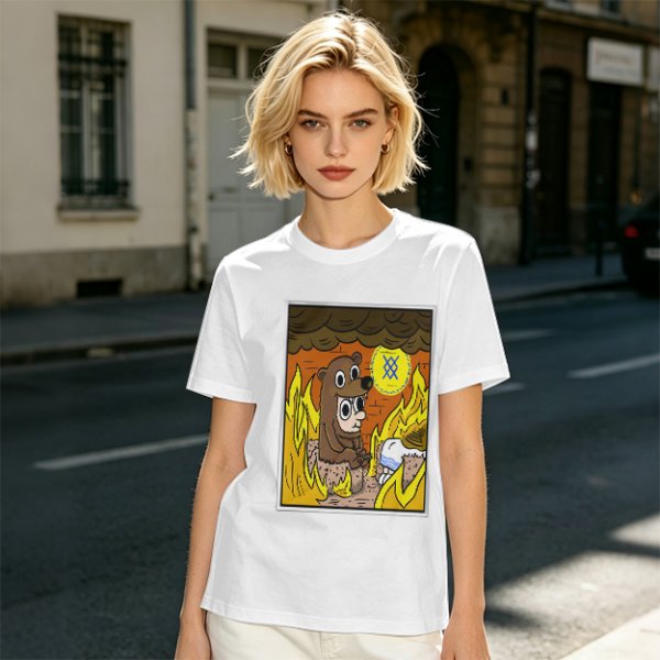 Olive T-shirt with Cartoon Bear Costume Figure in Flames Art