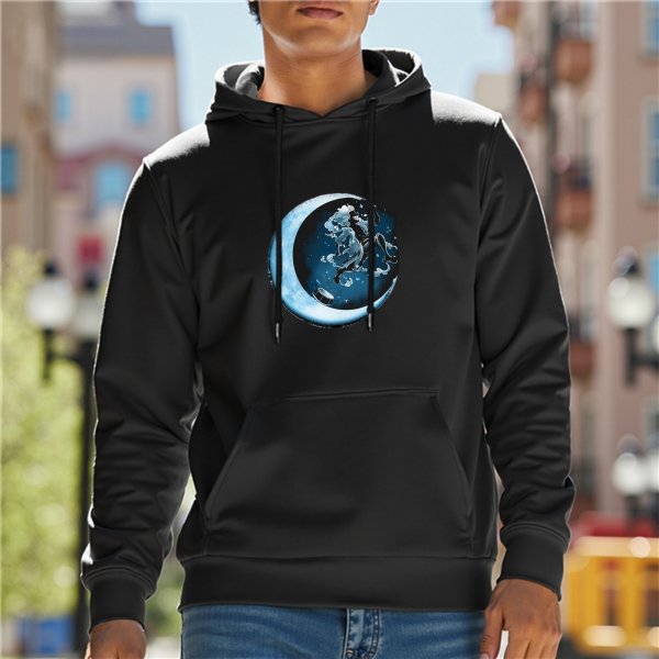 Black Hoodie With Crescent Moon And Celestial Rider Graphic