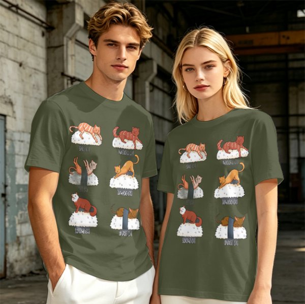 Olive green t-shirt with sushi cat illustrations