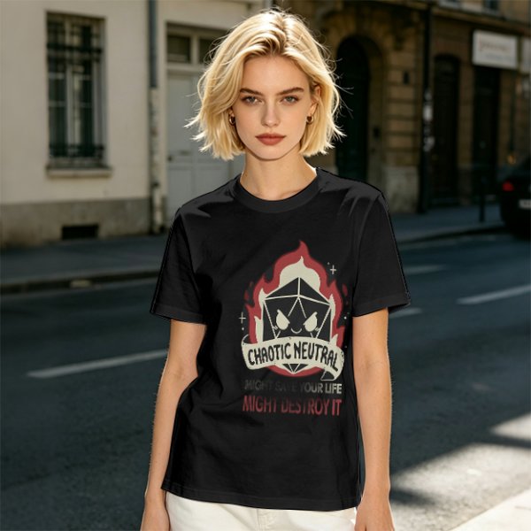 Chaotic Neutral D20 Fire Graphic T-Shirt For Tabletop RPG Fans