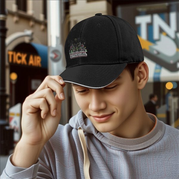 Black baseball cap with Meowgical Christmas cat holiday print