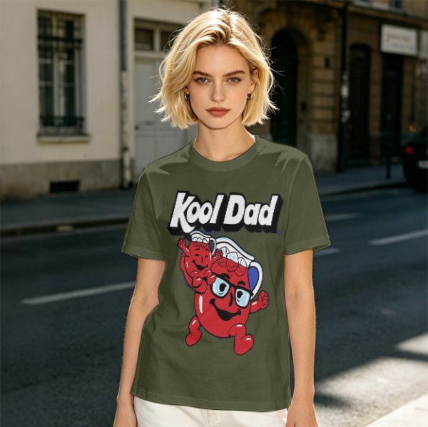 Olive green graphic t-shirt with Kool Dad and Kool-Aid mascot print