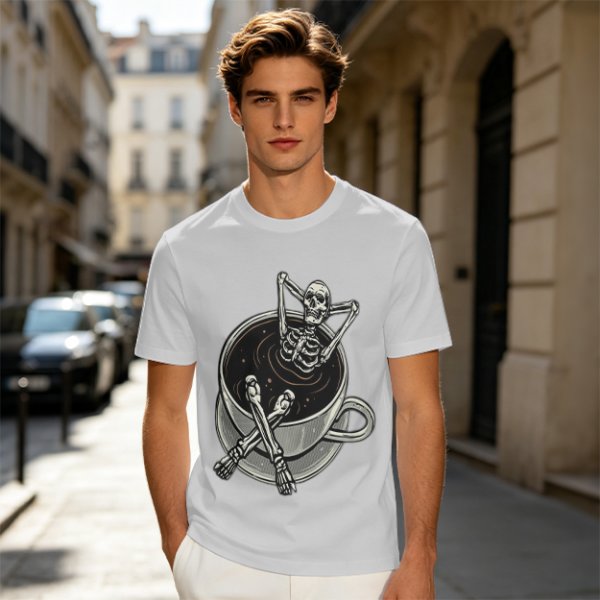Olive T-shirt with skeleton relaxing in coffee cup graphic