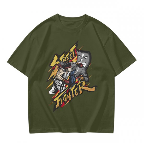 Olive Street Fighter Graphic T-Shirt with Fighting Character Art