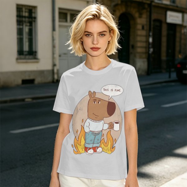 Olive T-Shirt Featuring the 'This Is Fine' Dog Meme Art