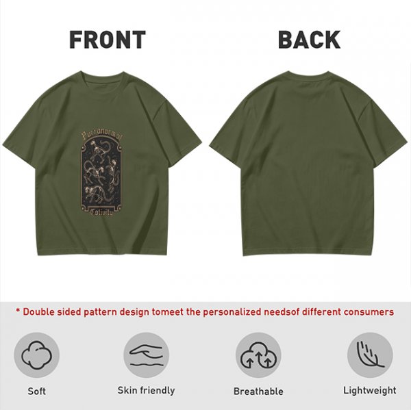 Olive Green T-Shirt with Purranormal Cat Skeleton Tarot Art