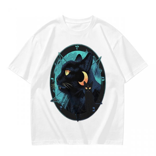 Olive T-Shirt With Black Cat And Crescent Moon Graphic