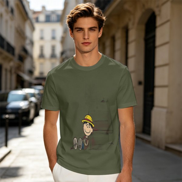 Olive Green T-Shirt with Smiling Boy in Yellow Hat Graphic