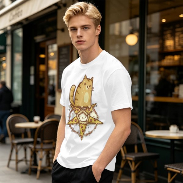 Olive T-Shirt With Cat Sitting On Pizza Pentagram Artwork