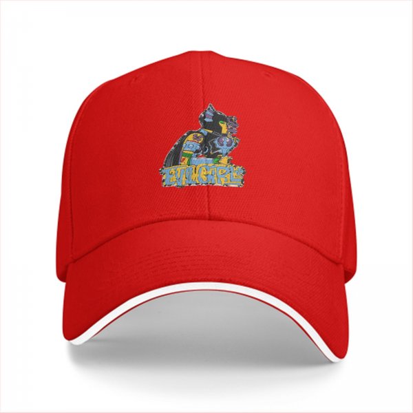 Black baseball cap with colorful cat graphic and Evil Girls text