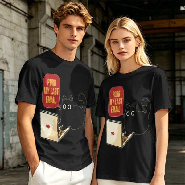 Black cat typing on laptop with 'Purr My Last Email' graphic t-shirt