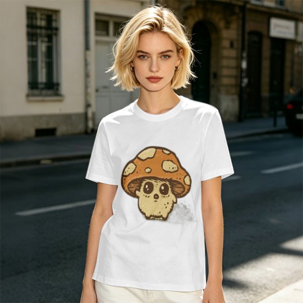 Olive Green T-Shirt With Cute Mushroom Skull Graphic