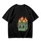 Olive green t-shirt with a cartoon burning box graphic