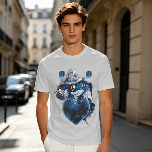 Olive T-Shirt With Cute Wizard Dragon On Starry Heart Print